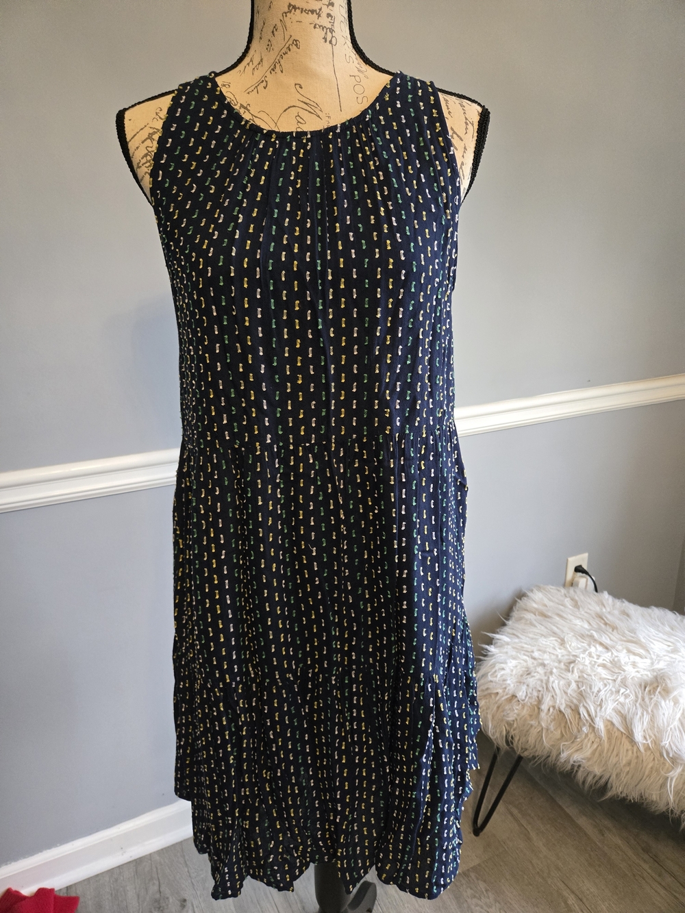 Sleeveless Navy Patterned A-Line Dress